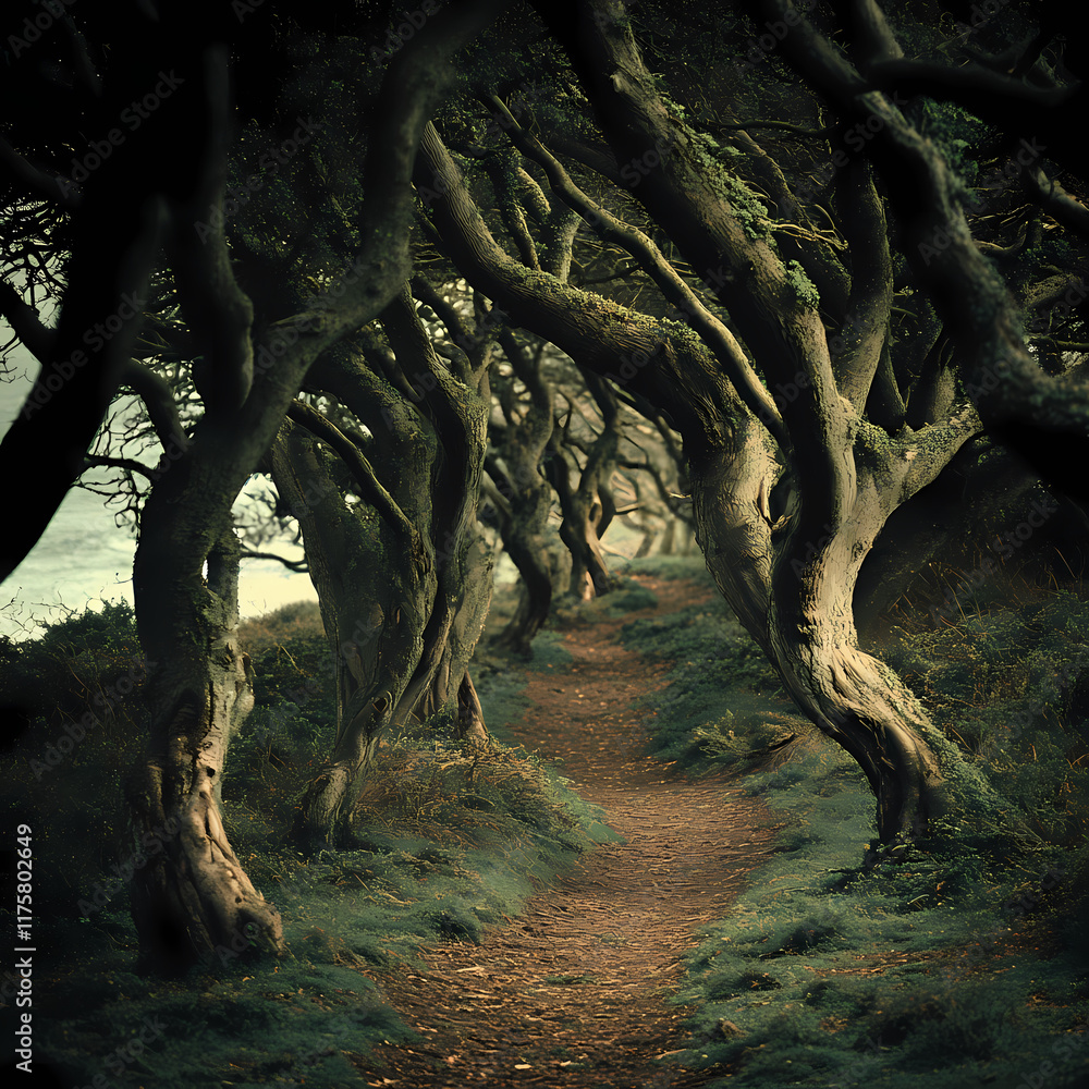Poster twisted trees line a serene path along the coastline at dusk in a quiet natural setting. generative 