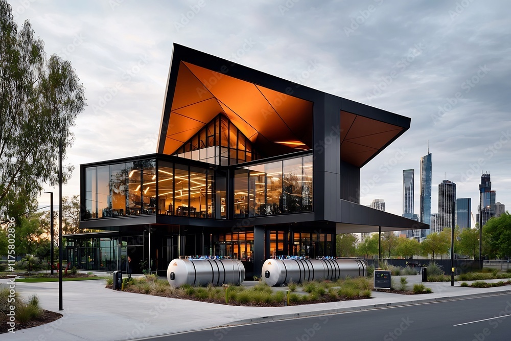 Poster cutting edge battery powered smart building featuring a geometric monolithic form dynamic led lighti