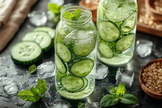 Frisches, mit Gurke und Minze angereichertes Wasser mit Eisw&uuml;rfeln in einem Flaschenarrangement