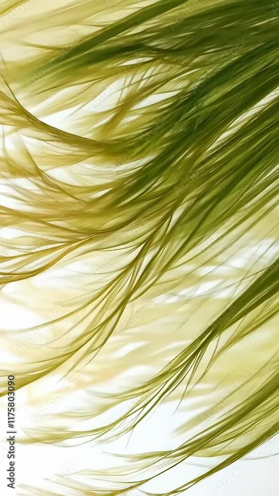 Poster flowing green strands create a serene and organic texture in a soft light environment