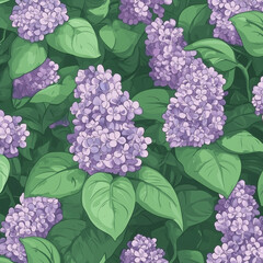 Lilac flowers and green leaves seamless botanical pattern