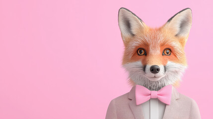 friendly fox character in suit with pink bow tie against pastel background