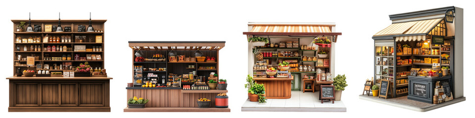 A miniature store with shelves and counter isolated on transparent background, Set of