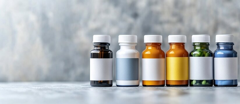 Six Medicine Bottles with Blank Labels on a Gray Background