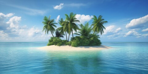 A small island with palm trees and a blue ocean. The island is surrounded by water and has a calm, peaceful atmosphere