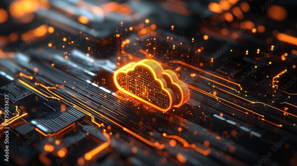 Poster glowing cloud computing symbol on futuristic circuit board