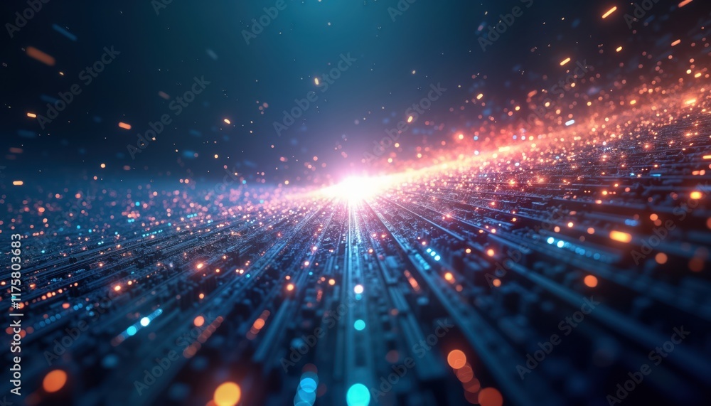 Fototapete Futuristic abstract digital tech background. Dynamic tech landscape filled with glowing particles, lines. Innovation, progress. Boundless possibilities of future. Hyperspecific abstract image.