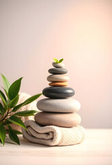 spa and wellness center - stack of massage stones and towels with green plant on white wooden table. banner copy space, Side lit