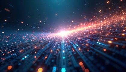Futuristic abstract digital tech background. Dynamic tech landscape filled with glowing particles, lines. Innovation, progress. Boundless possibilities of future. Hyperspecific abstract image.