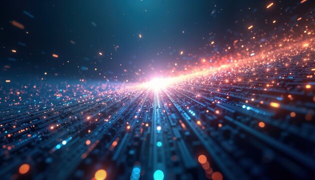 Futuristic abstract digital tech background. Dynamic tech landscape filled with glowing particles, lines. Innovation, progress. Boundless possibilities of future. Hyperspecific abstract image.