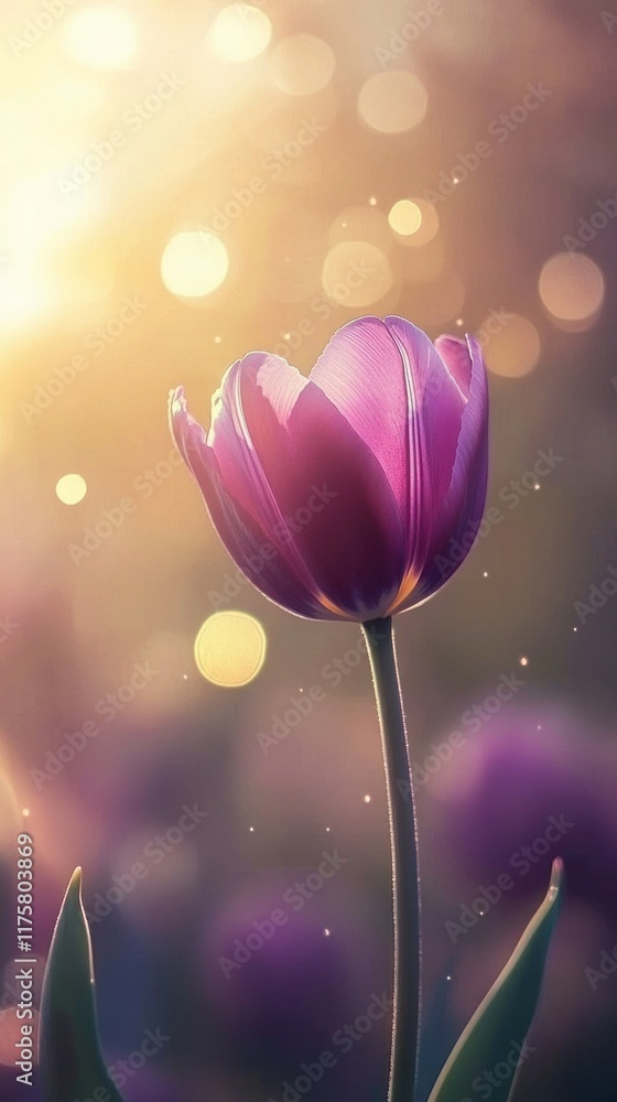 Poster beautiful close-up of a blooming purple tulip adorned with soft sunlight and bokeh effects, creating