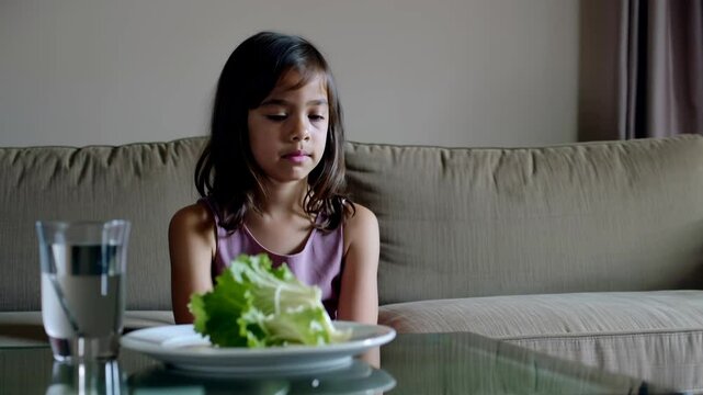 A girl is sitting on a sofa with a plate of lettuce in front of her. She looks unhappy and sad and does not want to eat.