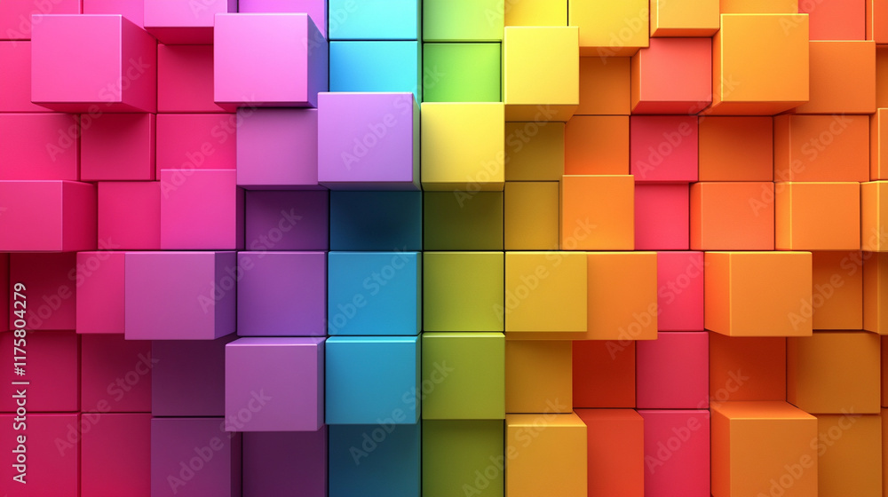 Poster a multicolored 3d block background symbolizing chaos and digital transformation, with muted tones an