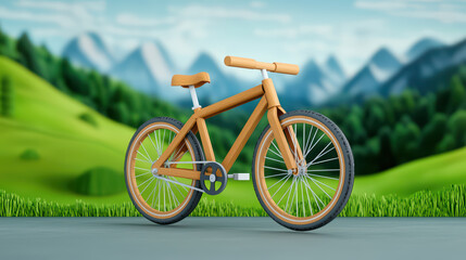 Obraz premium wooden bicycle parked on scenic road with mountains in background