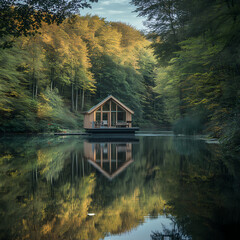 Serenity of a wooden cabin surrounded by lush trees reflected on a calm lake at dusk. Generative AI