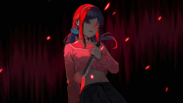 Anime girl with knife in hand, horror background