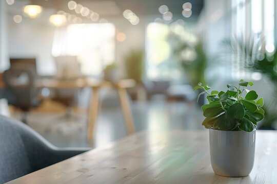 Modern office plant on wooden desk, blurred background.