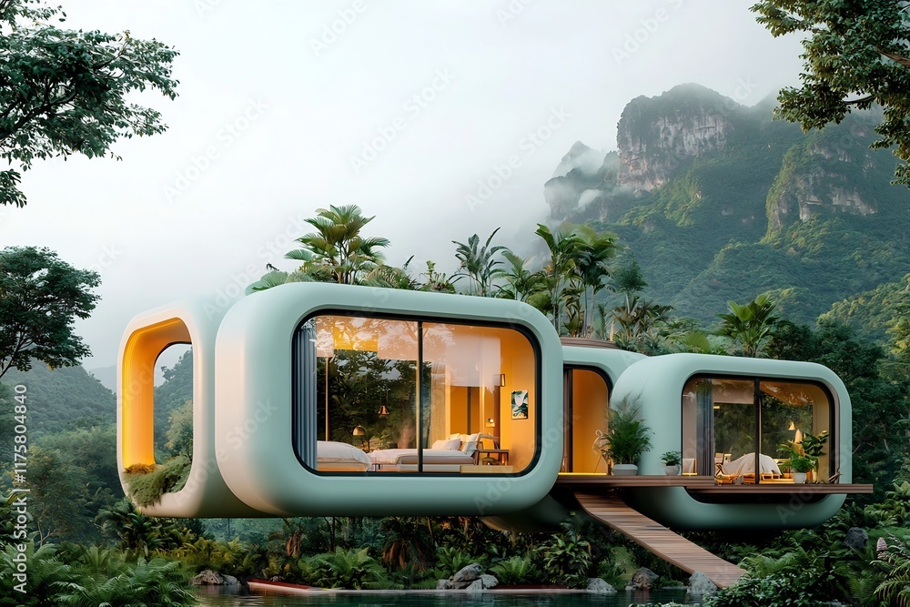 Poster modular air cushioned building system composed of interlocking curving modules with an innovative st