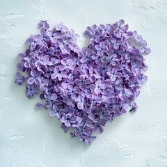 Obraz premium Heart-shaped arrangement of lilac flowers on textured background