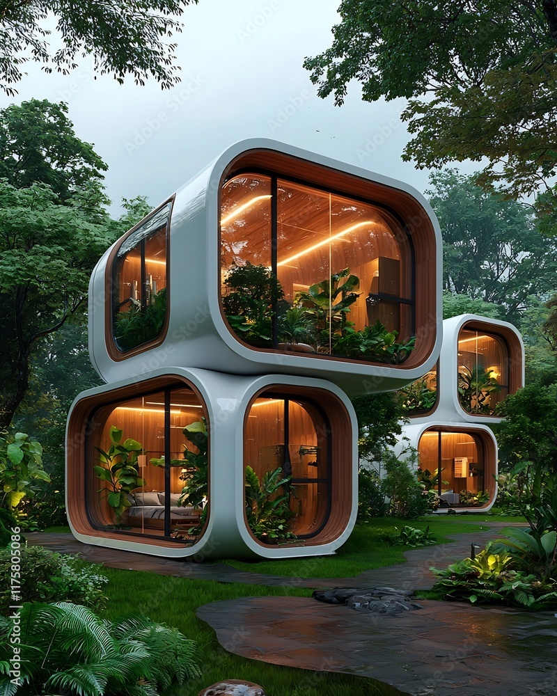 Poster innovative and sustainable modular architecture in lush natural setting reconfigurable geometric str