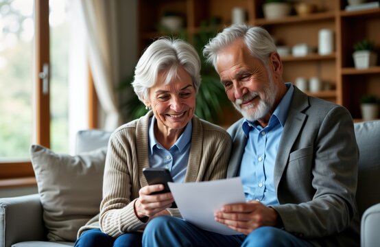 Senior couple using smartphone, documents to pay for services online at home. Look happy reviewing utility bills, online payments. Photo captures moment of ease with tech solutions for seniors. - Powered by Adobe