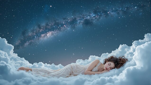 Tranquil woman sleeping on cloud under starry sky