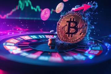 Cryptocurrency roulette wheel fragmenting, coins falling off, representing high risks and losses in crypto gambling.