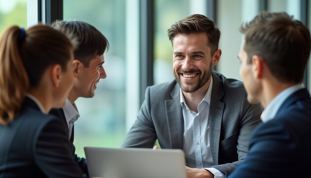 Business people smiling, interacting during meeting. Appear happy, engaged in discussion. Pro atmosphere with focus on positive customer interaction, service quality. Collaboration, communication key