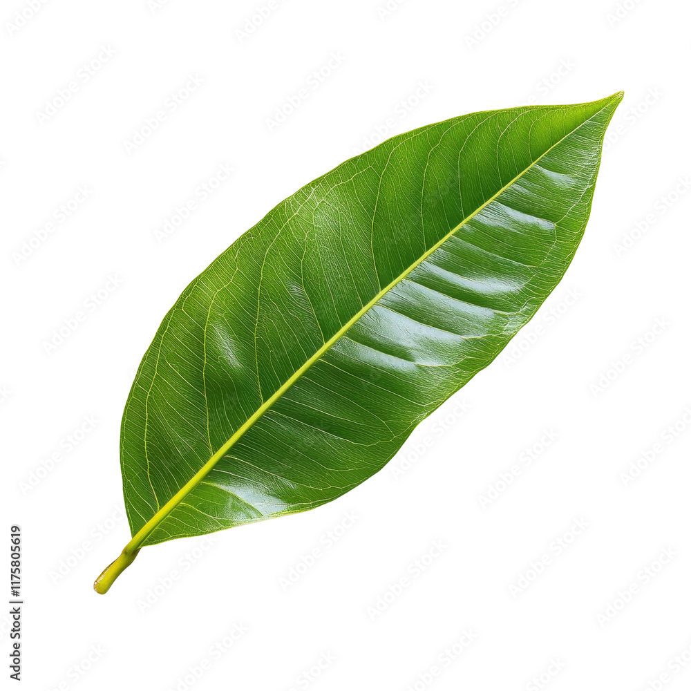 Poster a fresh mango leaf displayed against a clean transparent background capturing its vibrant green colo