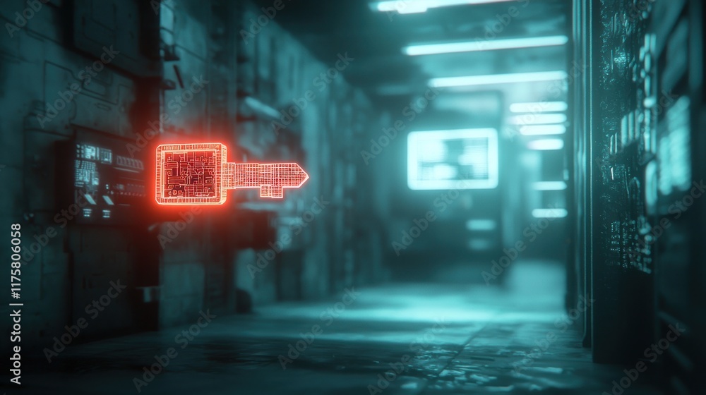 Poster cyberpunk digital key: futuristic access code in neon-lit corridor