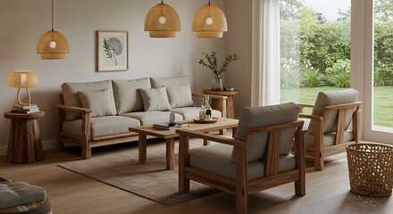 Modern Living Room with Natural Wood Furniture, Rattan Pendants, and Neutral Decor