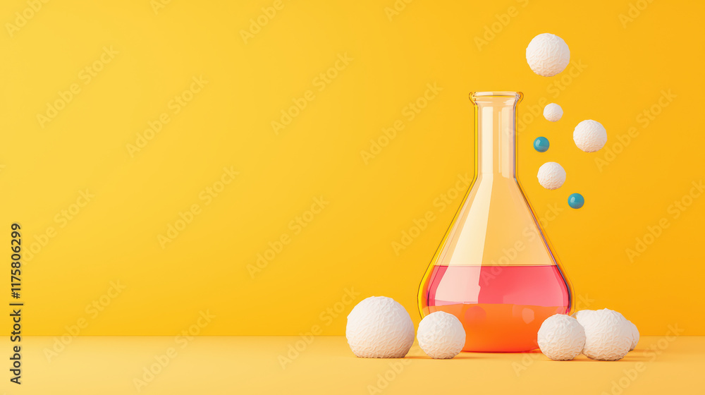 Poster colorful chemistry setup with flask and molecular structures on bright background