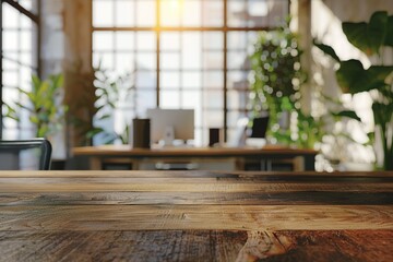 Rustic wooden table in a bright, plant-filled office.