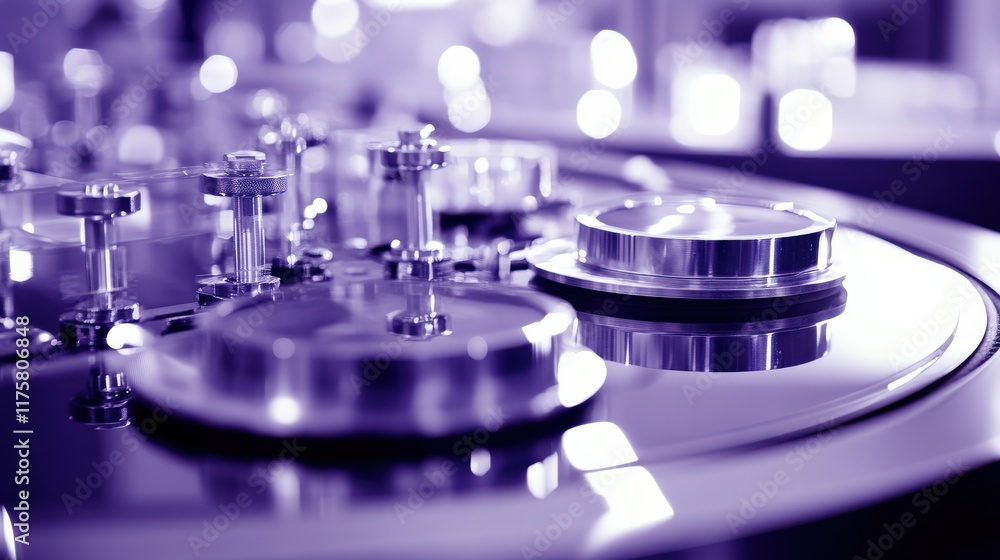 Poster abstract close-up view of shiny metallic objects and mechanisms in modern technology with purple lig