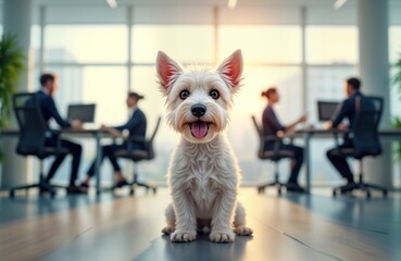 Cute West Highland White Terrier sits in office. Business people working in background. Indoor office scene. Doggy friendly work environment. Business, pet illustration. Modern workplace. Friendly