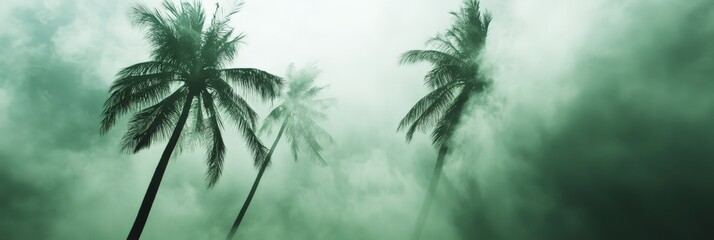 Tropical palm trees swaying in the gusty wind during a storm, enveloped in a mysterious green fog, create a dramatic and eerie atmosphere filled with tension and intrigue