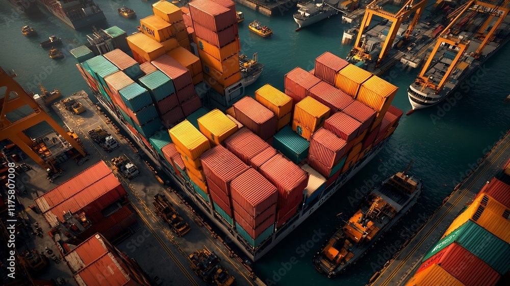 Poster bustling offshore shipping terminal with towering cargo vessels laden with colorful shipping contain