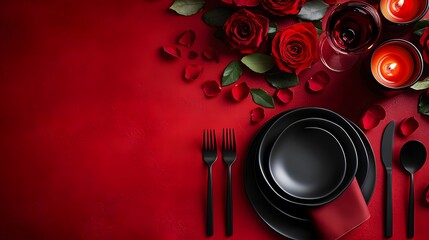 Romantic Red Table Setting With Black Dinnerware And Roses