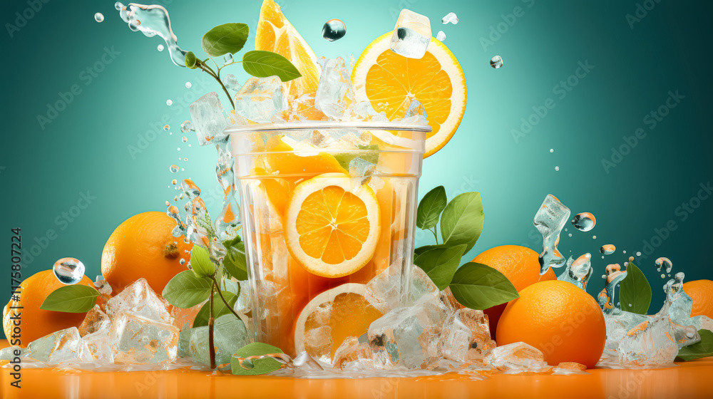 Poster glass of orange juice with ice cubes and oranges on a table
