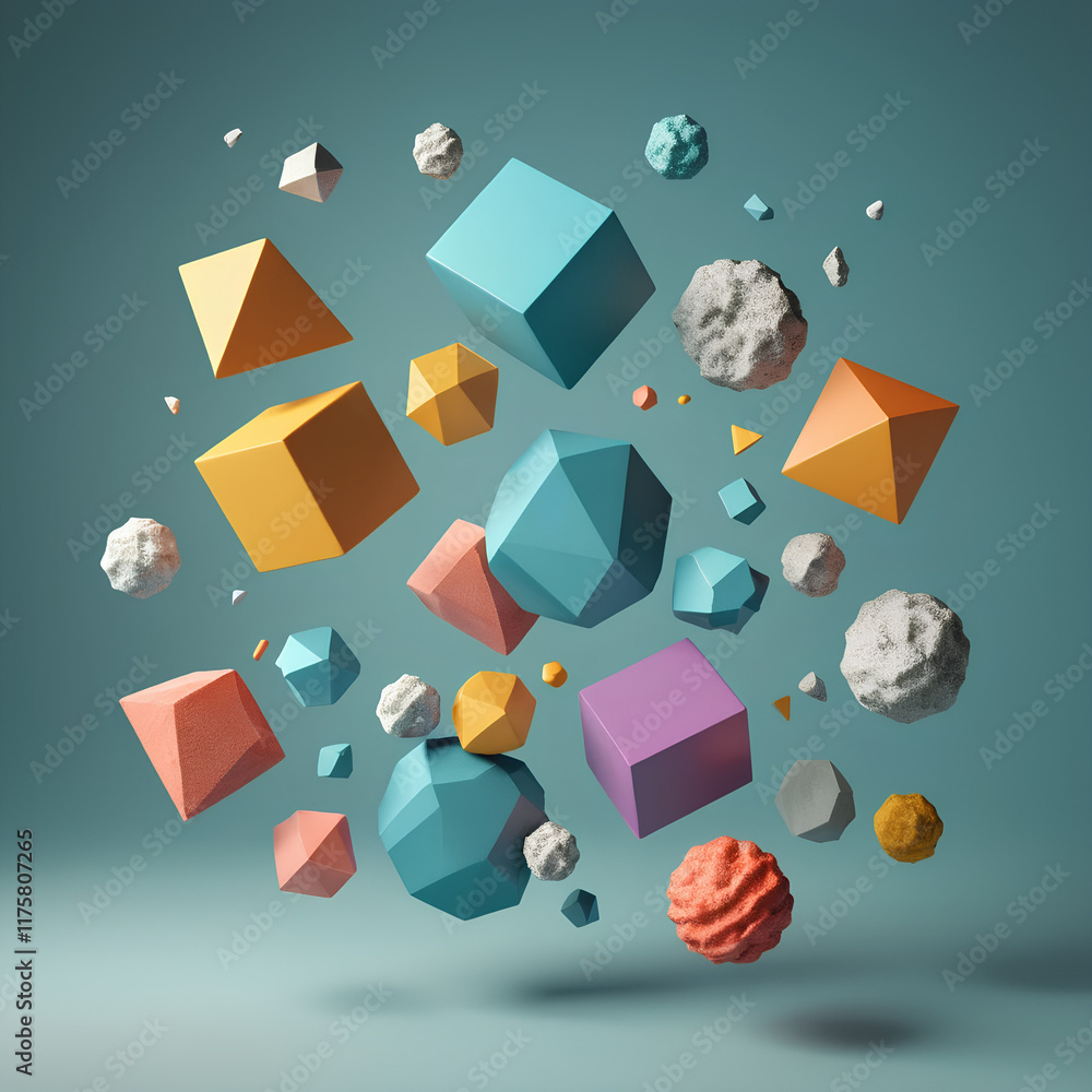 Poster floating geometry, abstract 3d render of colorful shapes
