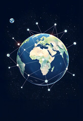 Global network on earth from space, world finance connectivity, business trading, telecommunications, hand-drawn digital illustration, with white tones