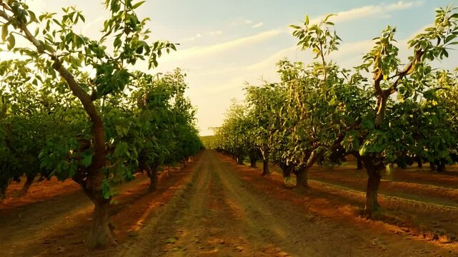 Cashew trees growing in rows on a farm