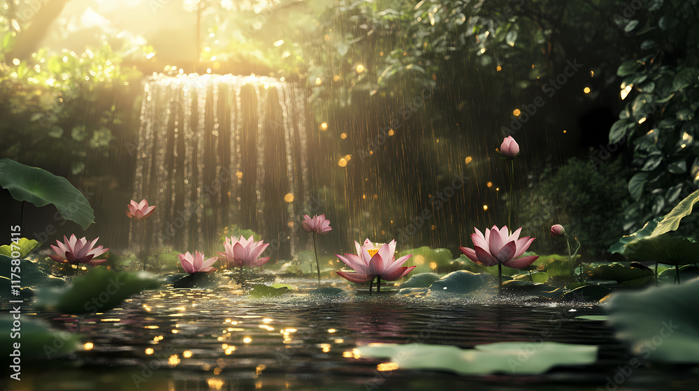Poster serene lily pond with cascading waterfall and soft sunlight filtering through lush greenery. generat
