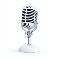 Vintage microphone with shiny metallic grille on white background