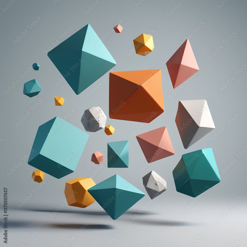 Poster floating geometry, abstract 3d render of colorful shapes