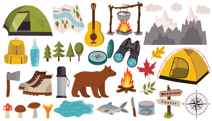 Naklejka premium Cartoon design elements set for summer camping theme in flat style isolated on white background. Tent and campfire, binoculars and brown bear.