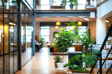 Fototapeta premium Modern office space with plants and natural light.