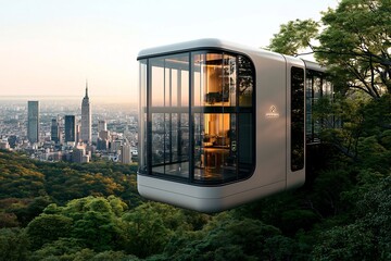 Eco friendly Vertical Sun Powered Elevator with Elegant Aesthetic and Panoramic Glass Walls Showcasing the Cityscape