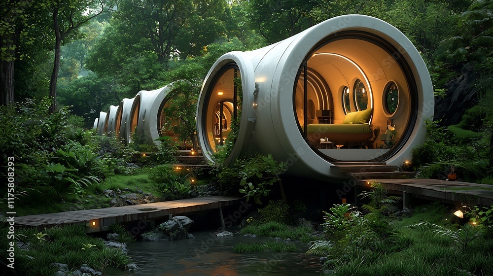 Poster sleek energy efficient underground complex blending with surrounding landscape seamless of cylindric