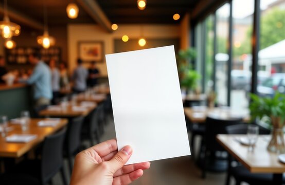 Hand holds blank menu mock-up inside cafe. Blank paper sheet for menu design. Restaurant interior with tables, blurred people. Mock-up for eatery promo material. Template for pamphlet leaflet design.